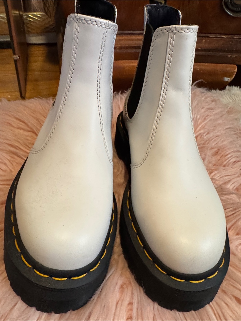 Dr. Martens White Chelsea Boots with Black Elastic and Yellow Stitching